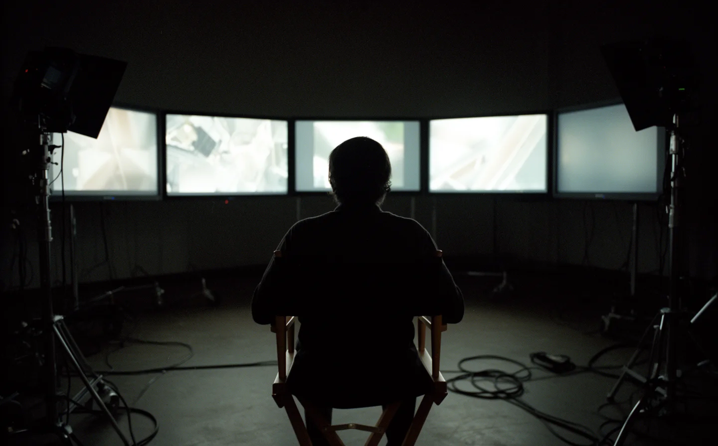Director silhouette facing wall of glowing monitors in dark studio