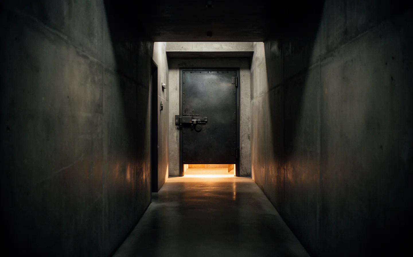 Dark concrete corridor leading to a heavy steel door with light behind it